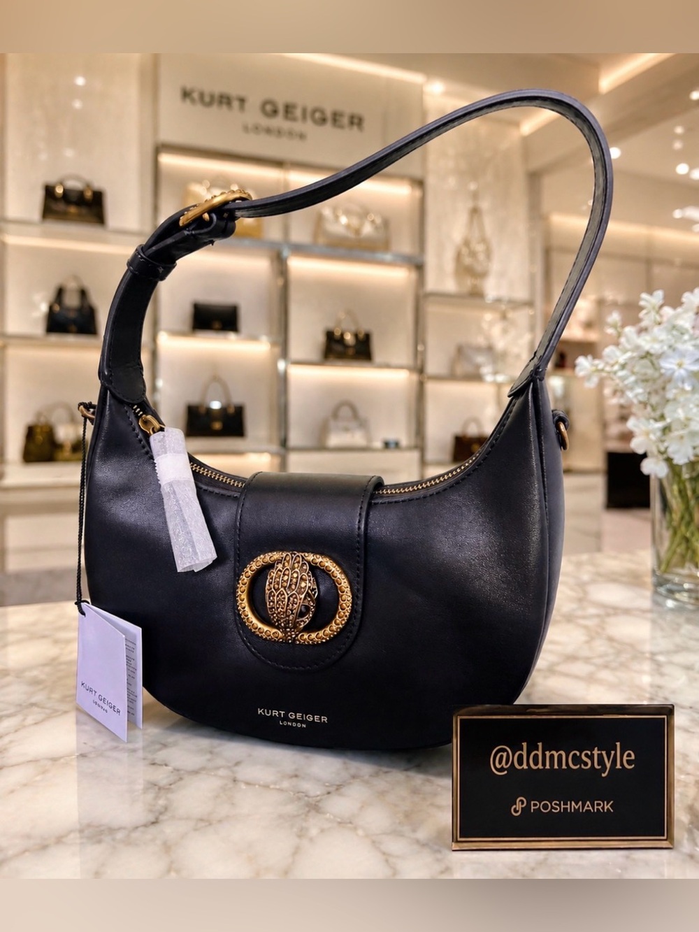 Kurt Geiger NWT Chelsea Black Leather Shoulder Bag with Gold Hardware